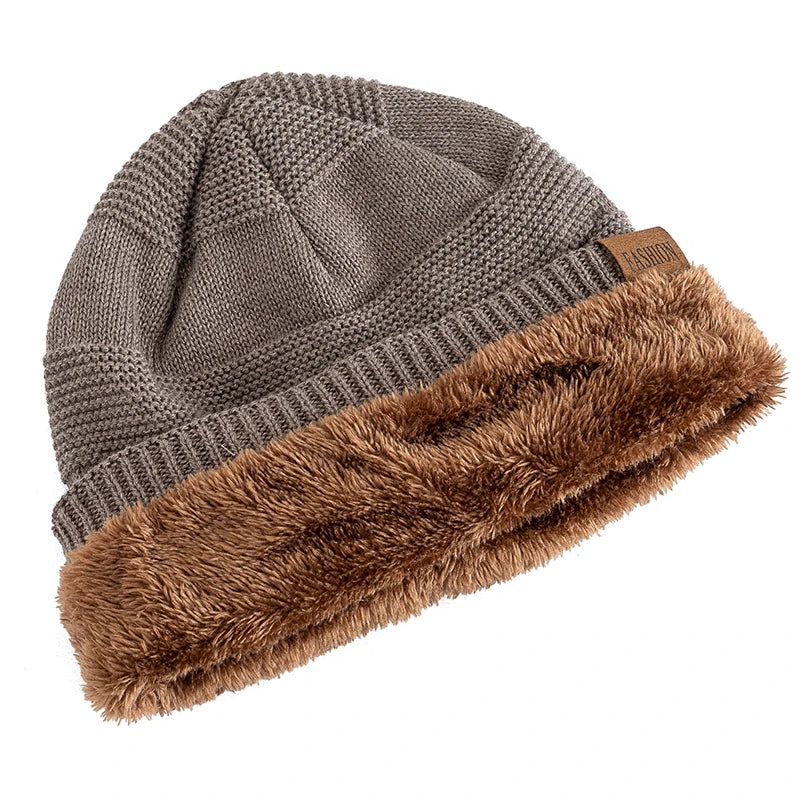 New Unisex Slouchy Winter Hats Add Fur Lined Men And Women Warm Beanie Cap Casual Label Decor Winter Knitted Hats - Vestico
