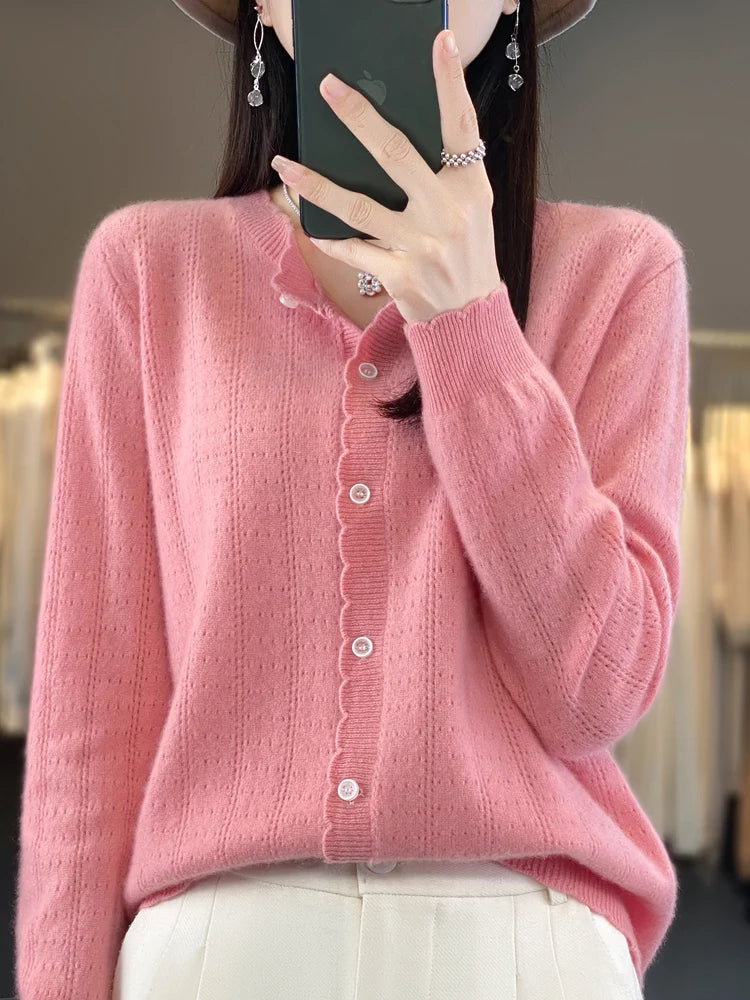 Cardigan Femme 100% Laine Mérinos – Design Dentelle et Tricot Creux - Vestico