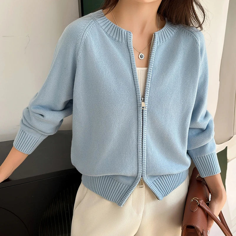 Cardigan Femme en Coton – Col Rond, Fermeture Zippée & Coupe Ample - Vestico