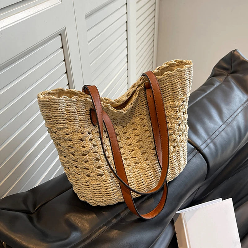 Sac Cabas Femme en Paille Tressée – Grande Capacité, Bohème & Élégant