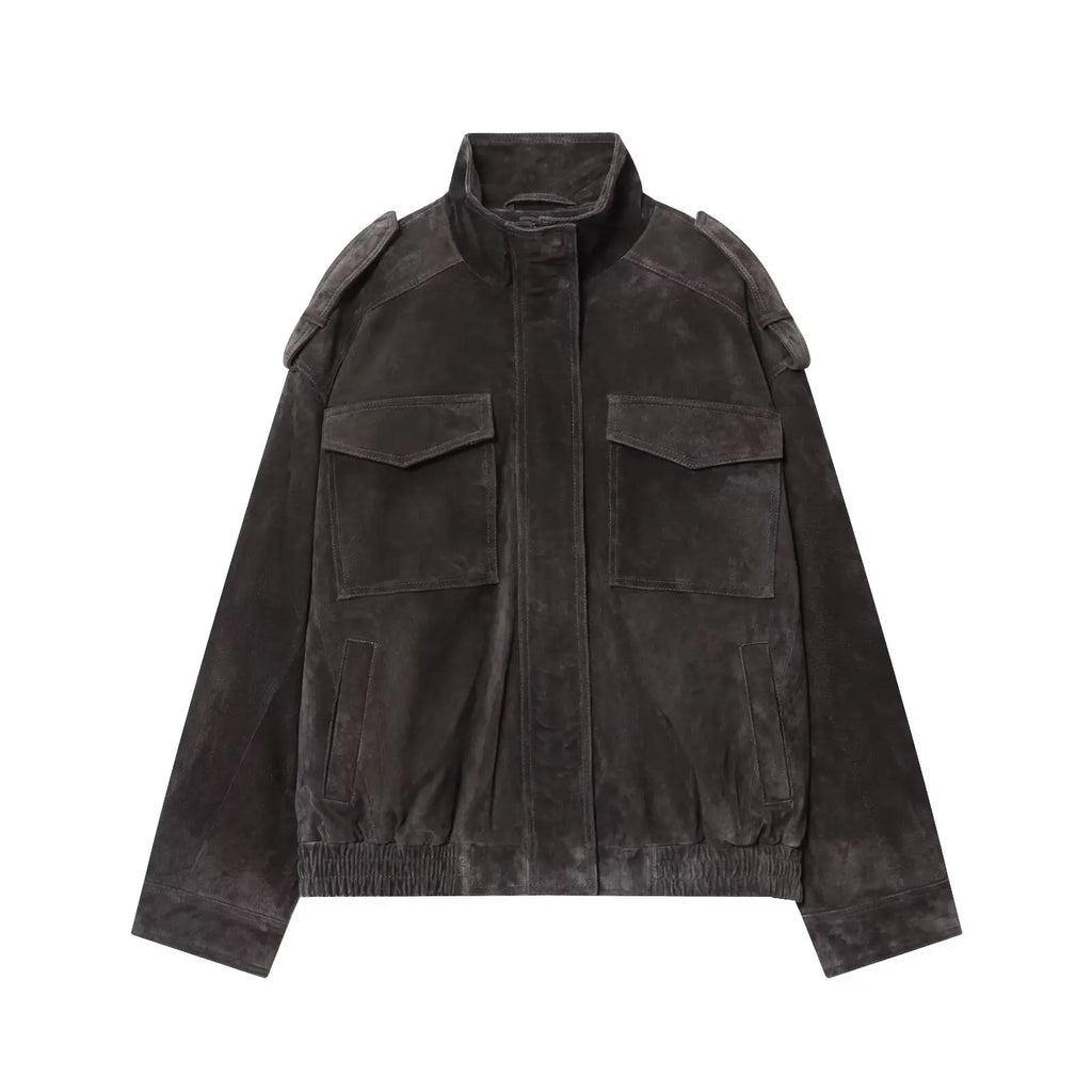 Veste Femme Suédée Grise – Col Montant, Fermeture Zippée, Style Streetwear Automne/Hiver 2025 - Vestico