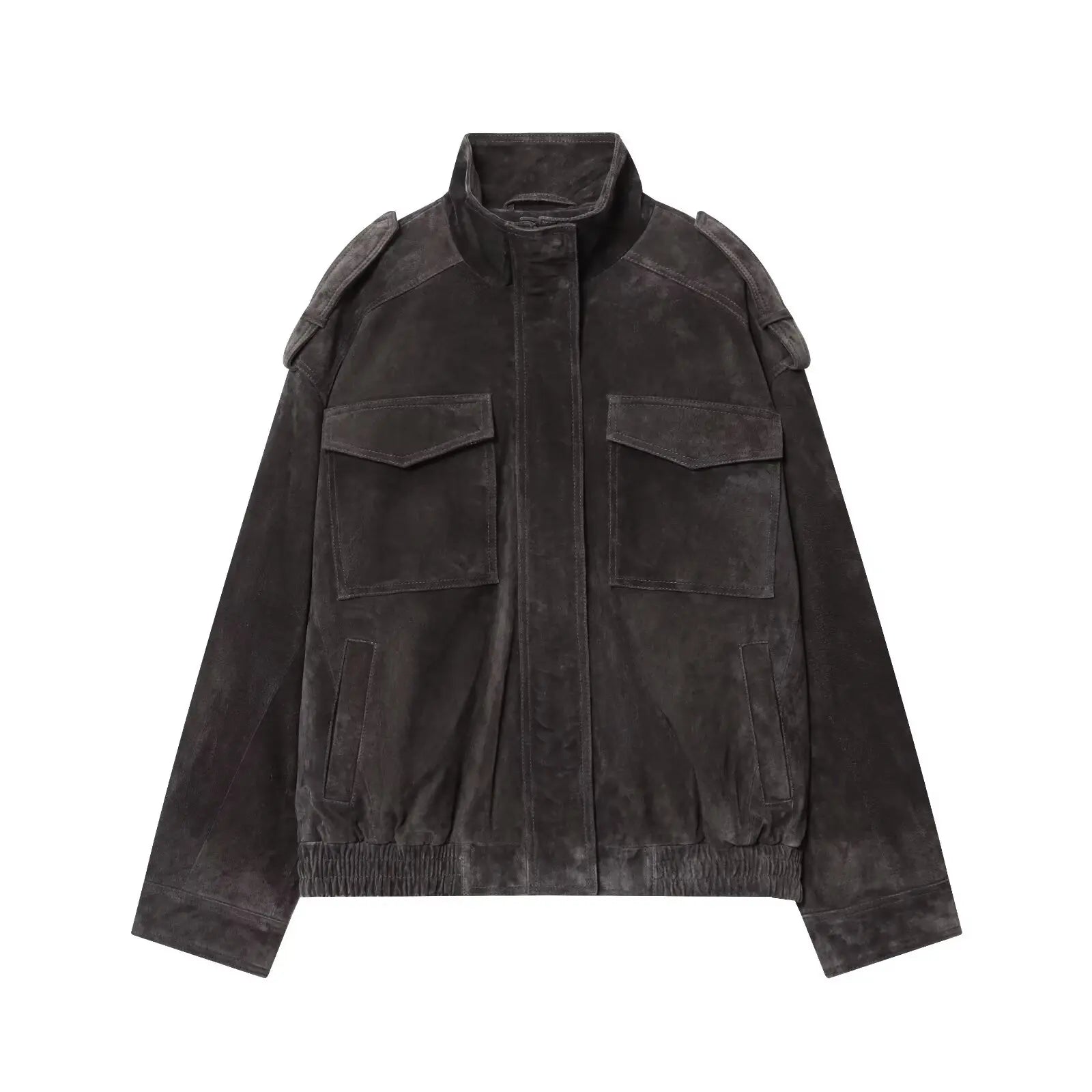 Veste Femme Suédée Grise – Col Montant, Fermeture Zippée, Style Streetwear Automne/Hiver 2025 - Vestico