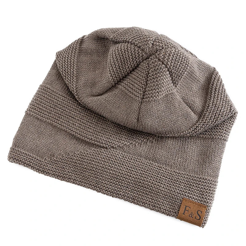 New Unisex Slouchy Winter Hats Add Fur Lined Men And Women Warm Beanie Cap Casual Label Decor Winter Knitted Hats - Vestico