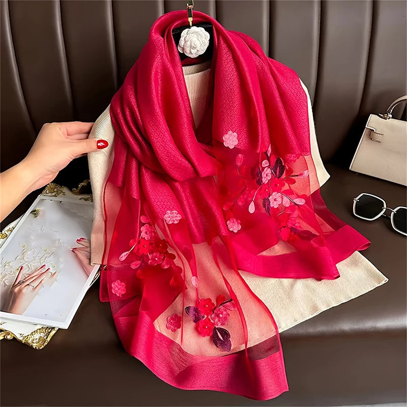 Women Silk Wool Scarf Floral Embroidery Hijab Female Foulard Spring Summer Thin Pashmina Shawls Wraps Bufanda Headscarf Stoles - Vestico
