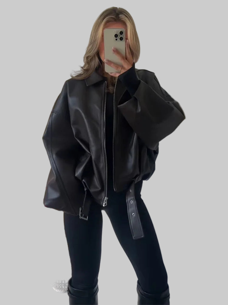 Veste Bomber Femme Simili Cuir Vintage – Coupe Loose avec Ceinture - Vestico