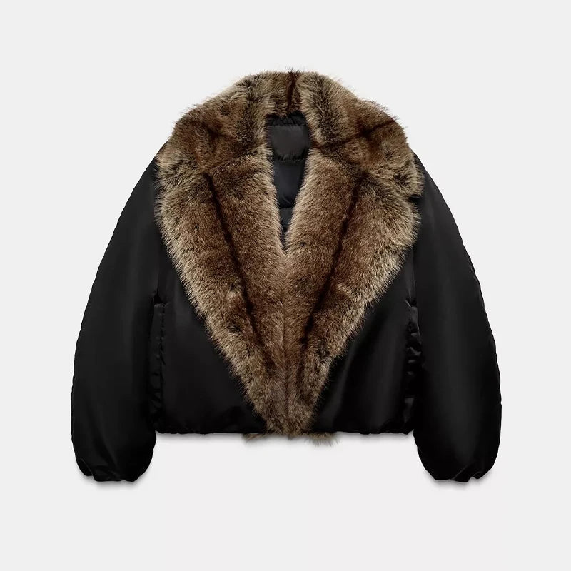 Veste courte femme en fausse fourrure patchwork – style streetwear hiver