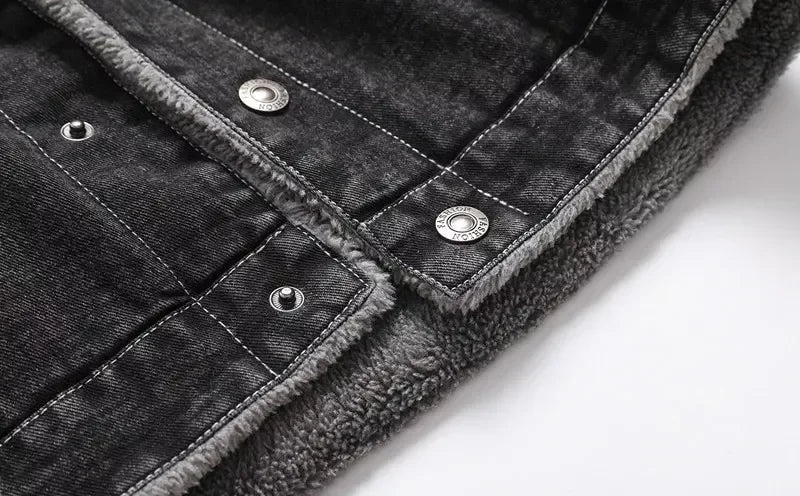 Veste Homme en Jean Noir Doublée Polaire Chaude, Décontractée et Élégante – Automne / Hiver
