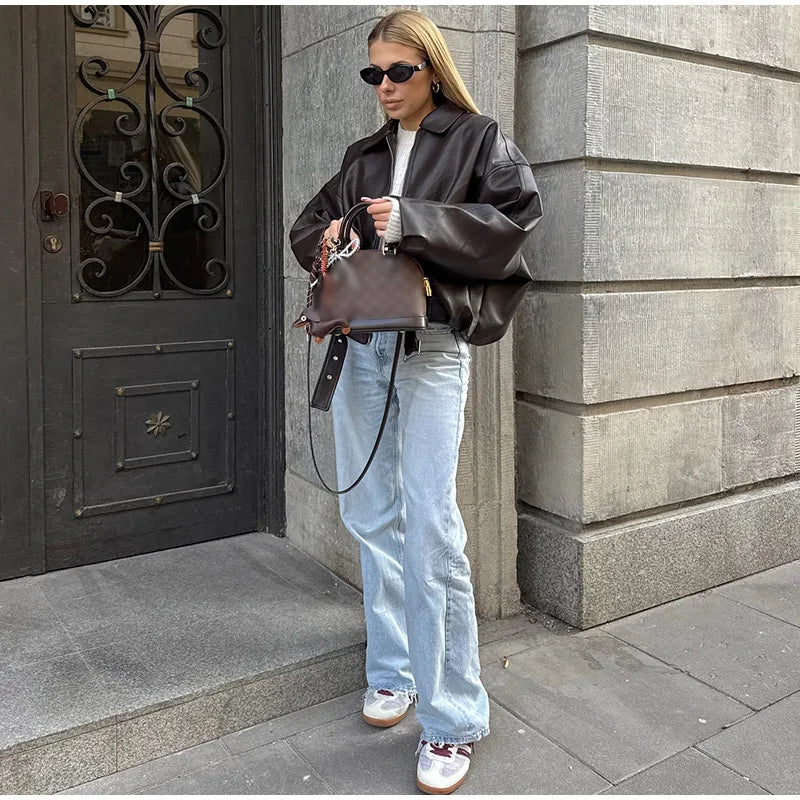 Veste Bomber Femme Simili Cuir Vintage – Coupe Loose avec Ceinture - Vestico