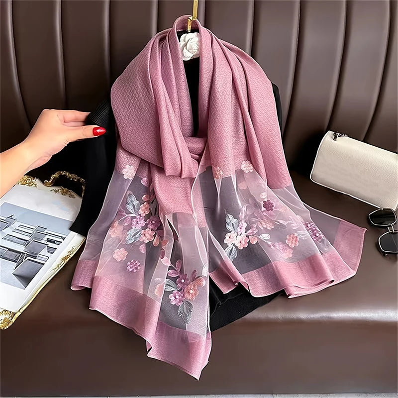 Women Silk Wool Scarf Floral Embroidery Hijab Female Foulard Spring Summer Thin Pashmina Shawls Wraps Bufanda Headscarf Stoles - Vestico