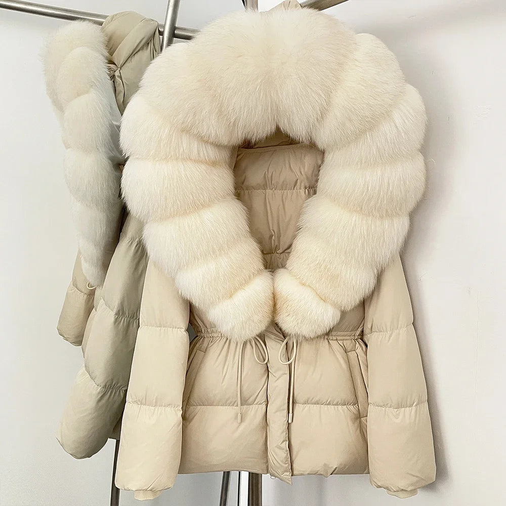 Doudoune femme avec capuche fourrure naturelle – manteau chaud luxe hiver