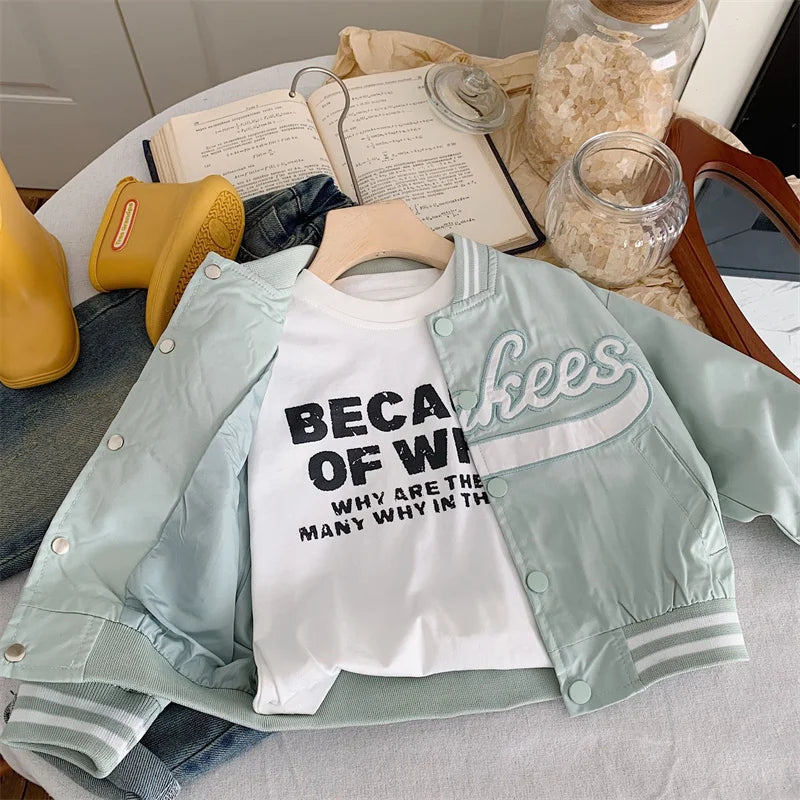 Children's Jackets 2025 Spring Boys Girls Baseball Coats New Kids Embroidered Letters Cardigan Autumn Fashion Outerwear Clothing - Vestico