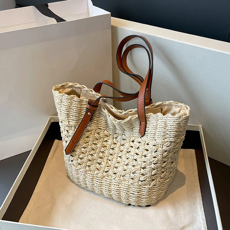 Sac Cabas Femme en Paille Tressée – Grande Capacité, Bohème & Élégant
