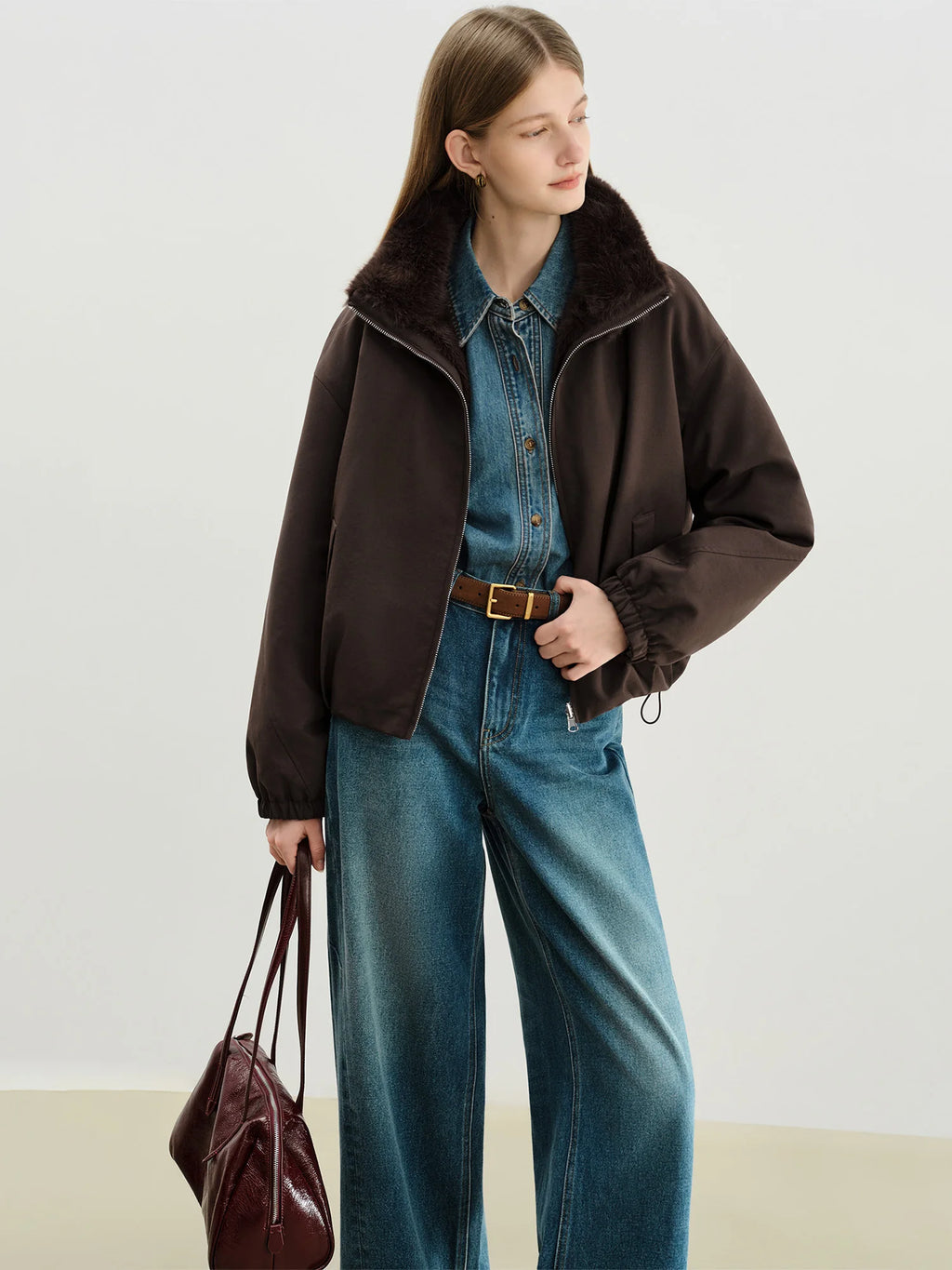 Veste courte réversible femme à col en fausse fourrure – style vintage workwear