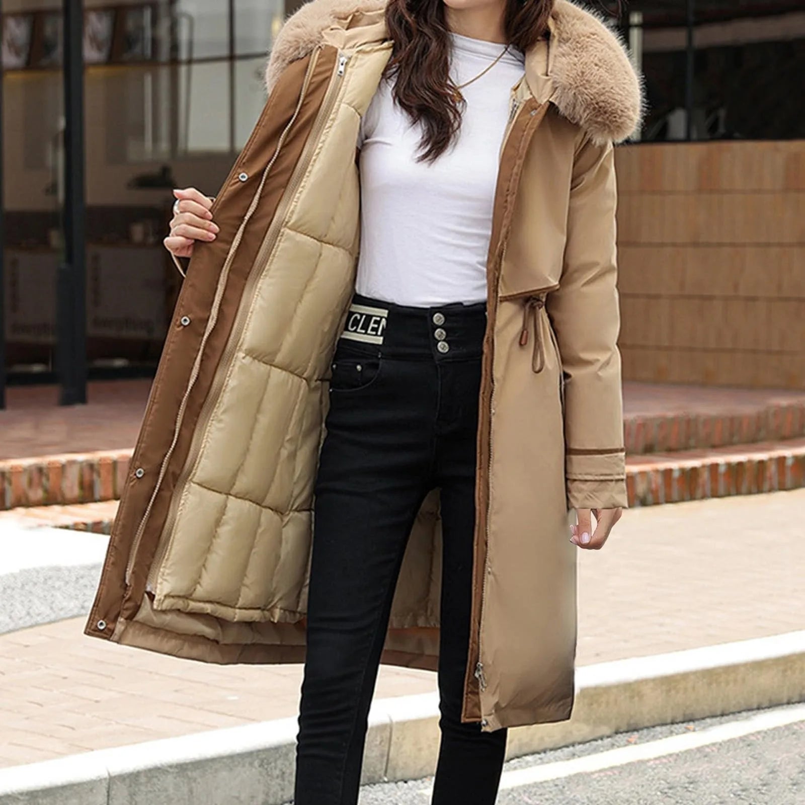 Manteau long femme à capuche – style coréen chaud pour l’hiver