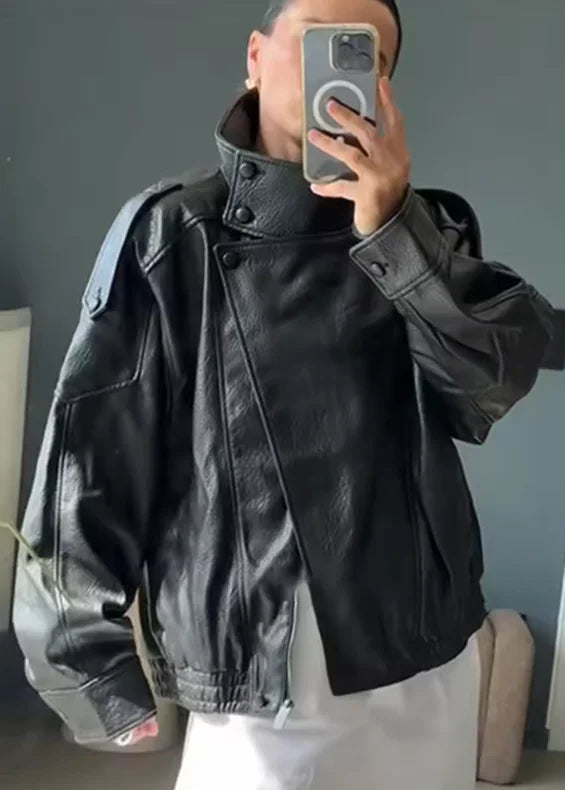 Veste en Similicuir Femme – Noir, Coupe Moto & Style Tendance