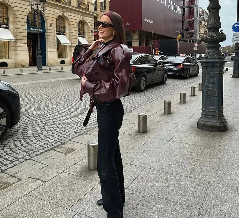 Veste PU Rouge Vin Femme – Style Street & Slim Fit - Vestico