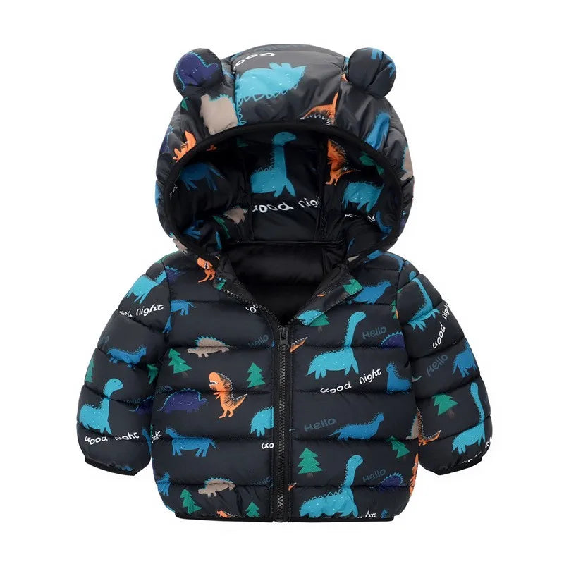 Children Boys Baby Hooded Lightweight Down Jackets Warm Outerwear Autumn Kids Girls Coats Cartoon Dinosaur Print Casual Clothing - Vestico