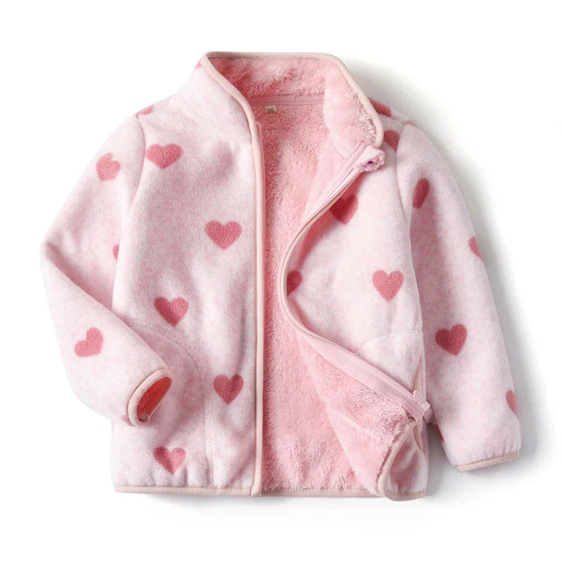 2-8T New Arrival Hearts Print Girls Winter Fleece Jackets Zipper Cute Cold Thick Baby Coats Children's Costume Outwear - Vestico