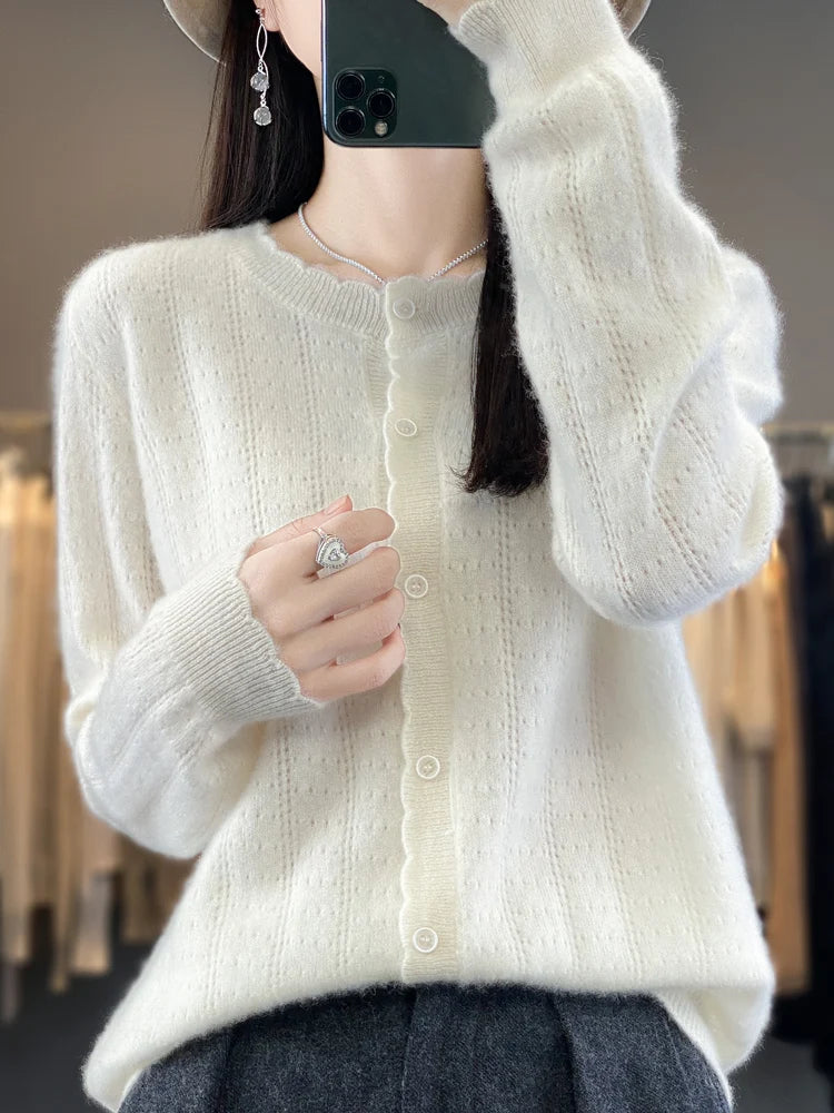 Cardigan Femme 100% Laine Mérinos – Design Dentelle et Tricot Creux - Vestico