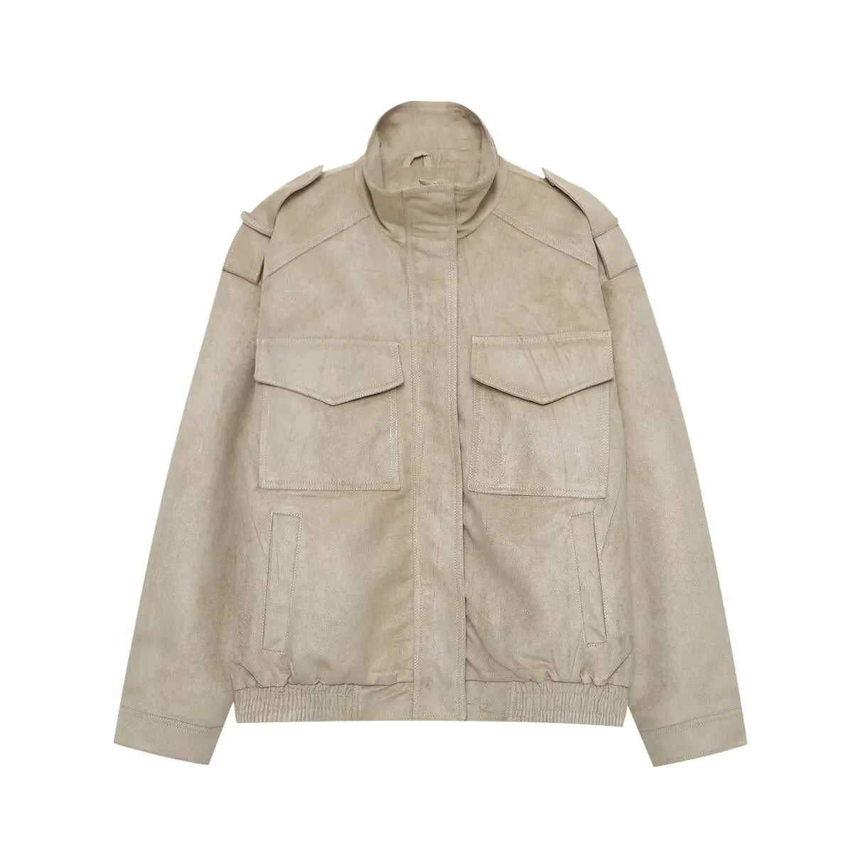 Veste Femme Suédée Grise – Col Montant, Fermeture Zippée, Style Streetwear Automne/Hiver 2025 - Vestico