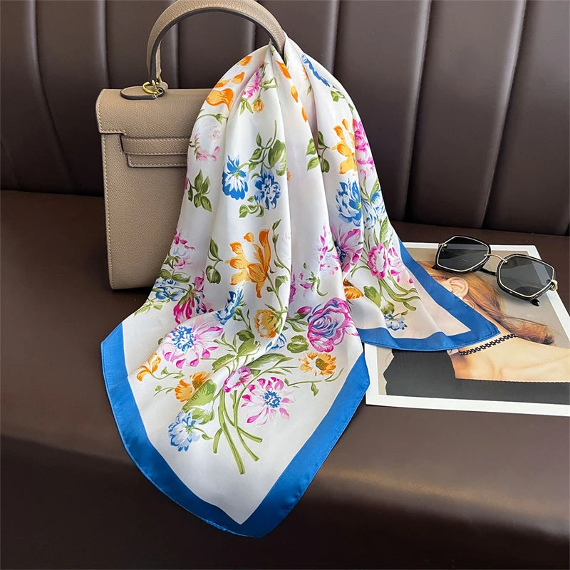 Bohemian Style Print Luxury Brand Silk Square Scarf Women Satin Shawls Neckerchief Wrap Scarves Bandana Hair Hjiab Floral - Vestico
