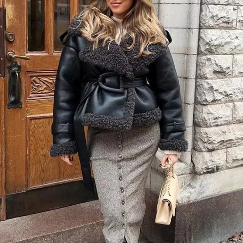 Manteau long femme effet cuir et fausse fourrure – ceinturé style urbain