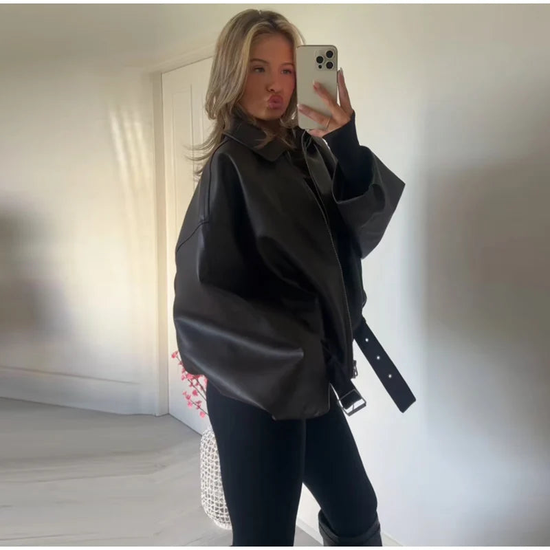 Veste Bomber Femme Simili Cuir Vintage – Coupe Loose avec Ceinture - Vestico