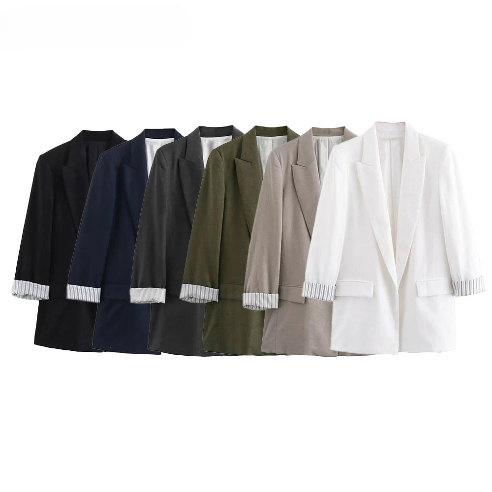 Blazer Femme Chic en Lin – Col Revers, Manches Longues Repliées, Style Business Décontracté - Vestico