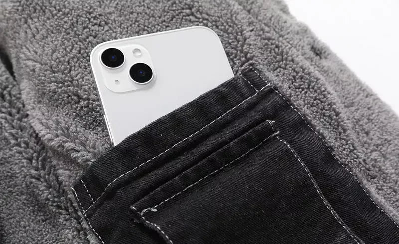 Veste Homme en Jean Noir Doublée Polaire Chaude, Décontractée et Élégante – Automne / Hiver