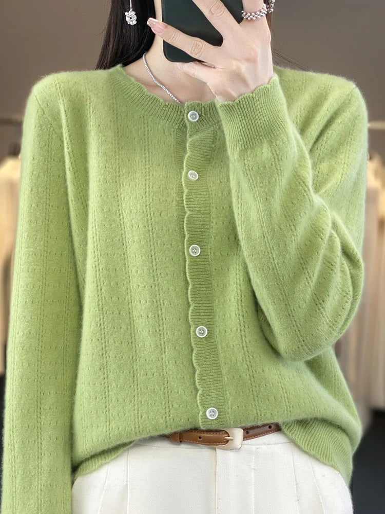 Cardigan Femme 100% Laine Mérinos – Design Dentelle et Tricot Creux - Vestico