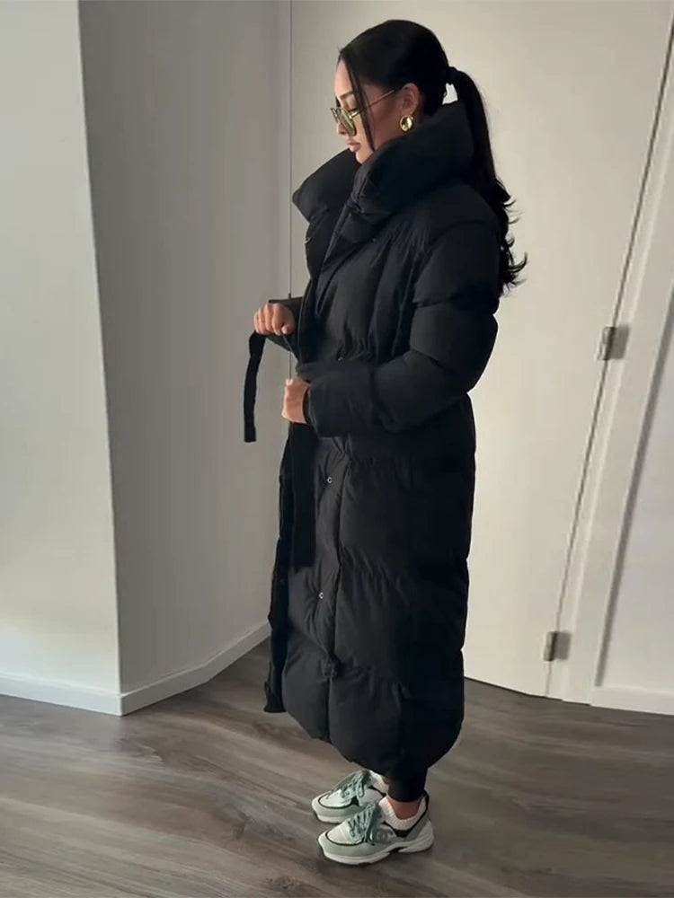 Manteau long matelassé femme – col montant élégant avec poches