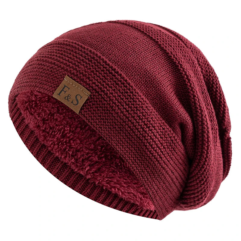 New Unisex Slouchy Winter Hats Add Fur Lined Men And Women Warm Beanie Cap Casual Label Decor Winter Knitted Hats - Vestico