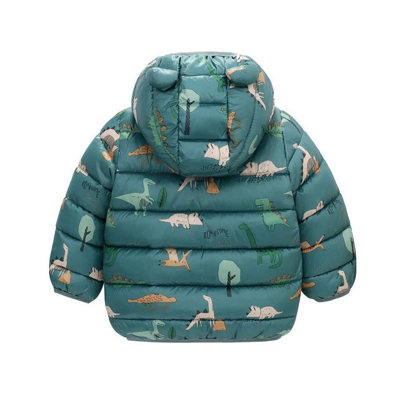 Children Boys Baby Hooded Lightweight Down Jackets Warm Outerwear Autumn Kids Girls Coats Cartoon Dinosaur Print Casual Clothing - Vestico
