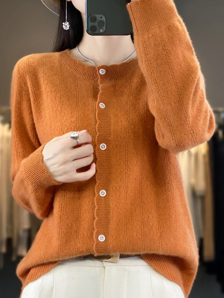 Cardigan Femme 100% Laine Mérinos – Design Dentelle et Tricot Creux - Vestico