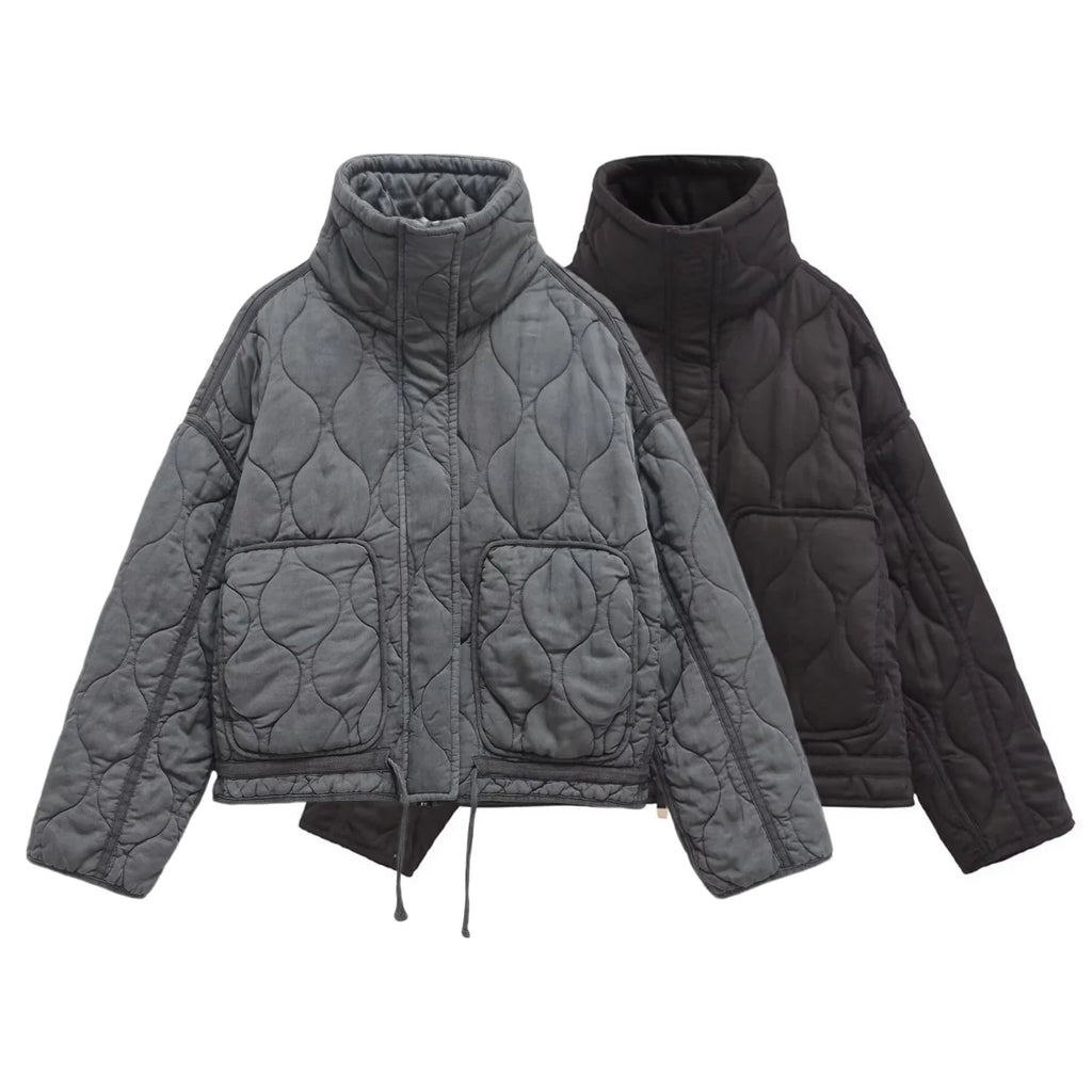 Veste Matelassée Femme Col Montant avec Cordon à la Taille, Style Rétro Décontracté Automne/Hiver 2025