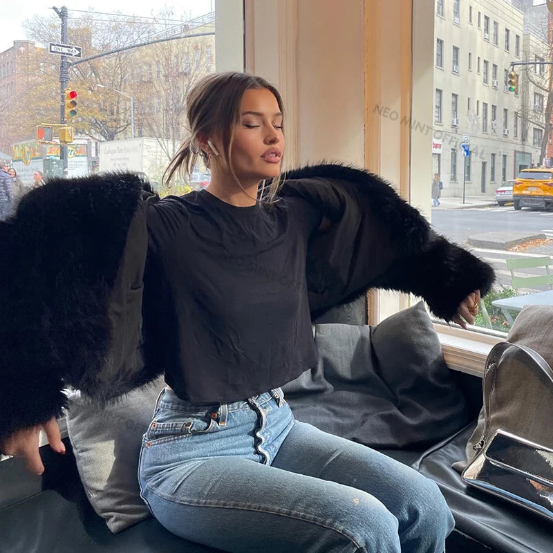 Manteau Court Femme en Fausse Fourrure – Col Châle Vintage Style Streetwear