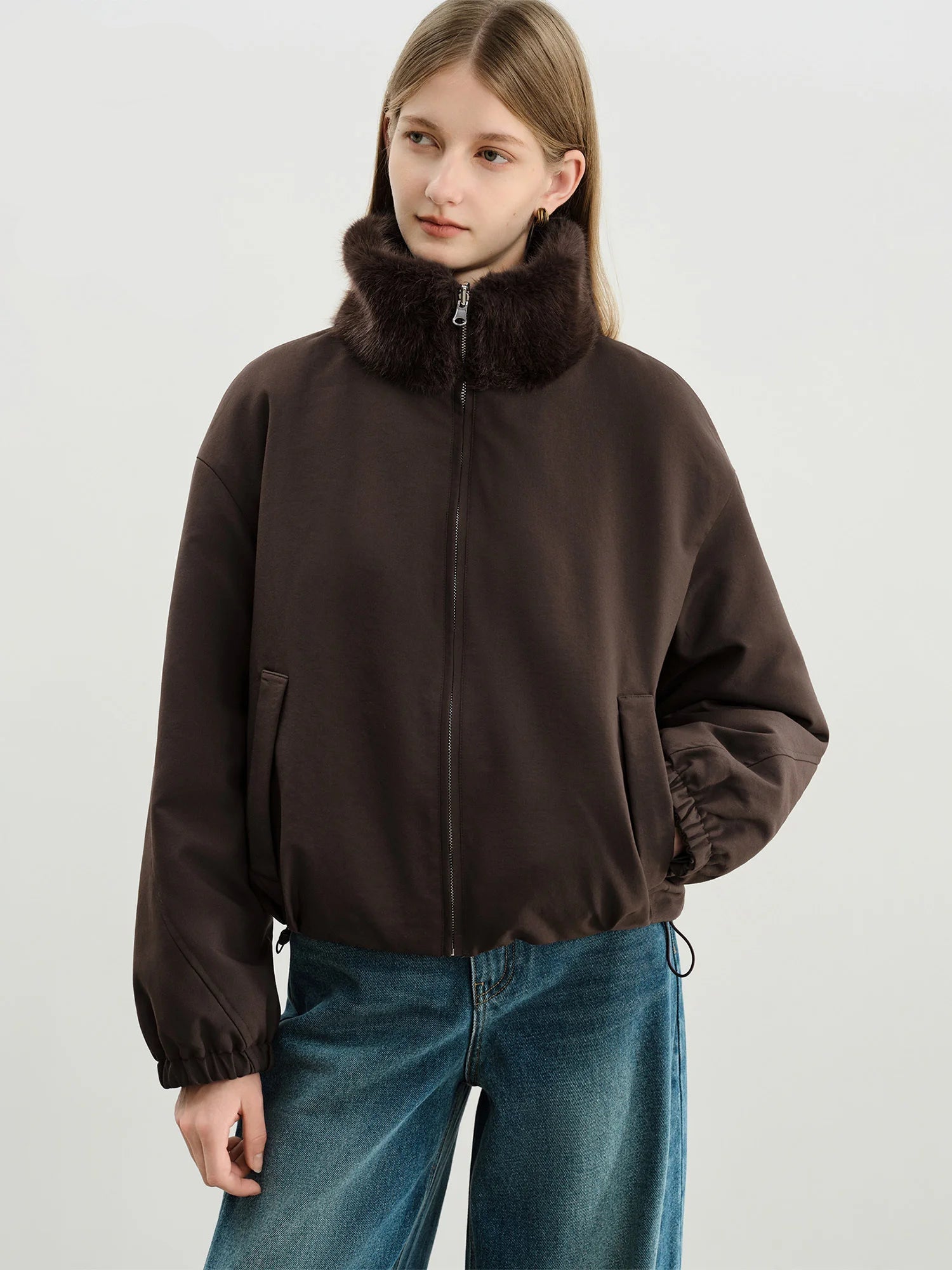 Veste courte réversible femme à col en fausse fourrure – style vintage workwear