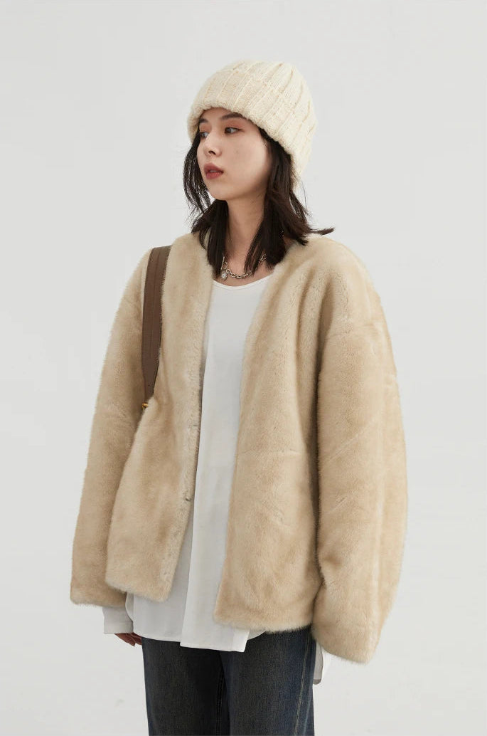 Veste femme ample à col V – manteau chaud style casual automne hiver