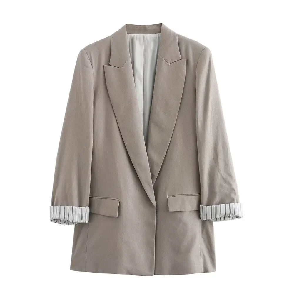 Blazer Femme Chic en Lin – Col Revers, Manches Longues Repliées, Style Business Décontracté - Vestico