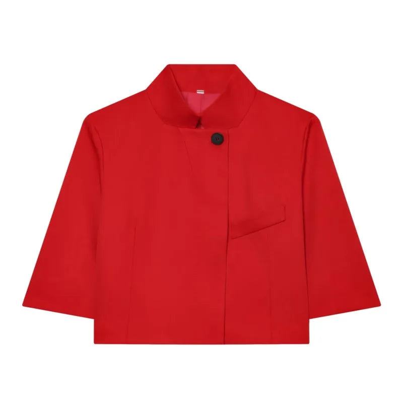 Blazer Court Femme – Col Montant, Manches Courtes & Style Chic