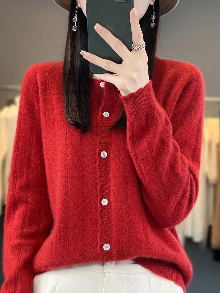 Cardigan Femme 100% Laine Mérinos – Design Dentelle et Tricot Creux - Vestico