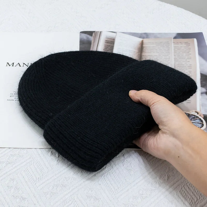 Winter Hats For Women Rabbit Fur Knitted Beanies Curled Thickened Keep Warm Bonnet Baggy Cap Female Soft Beanie Ski Cap - Vestico