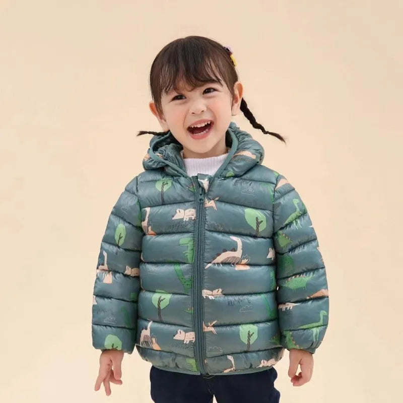Children Boys Baby Hooded Lightweight Down Jackets Warm Outerwear Autumn Kids Girls Coats Cartoon Dinosaur Print Casual Clothing - Vestico