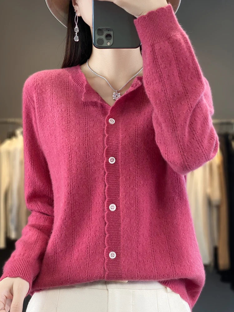 Cardigan Femme 100% Laine Mérinos – Design Dentelle et Tricot Creux - Vestico