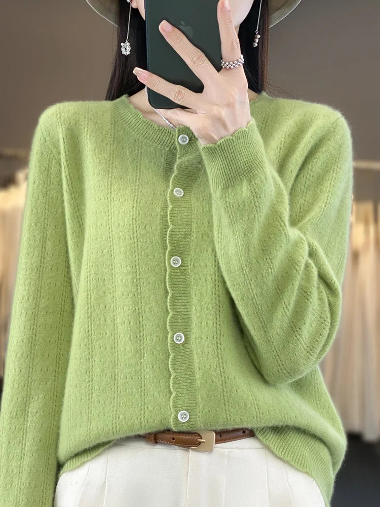 Cardigan Femme 100% Laine Mérinos – Design Dentelle et Tricot Creux - Vestico