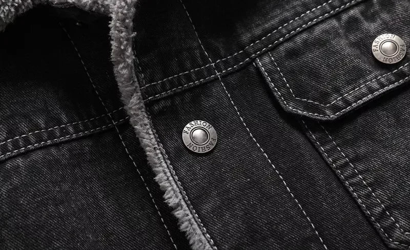 Veste Homme en Jean Noir Doublée Polaire Chaude, Décontractée et Élégante – Automne / Hiver