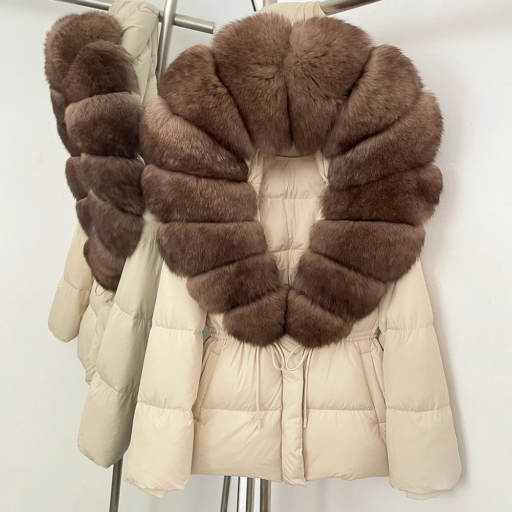Doudoune femme avec capuche fourrure naturelle – manteau chaud luxe hiver