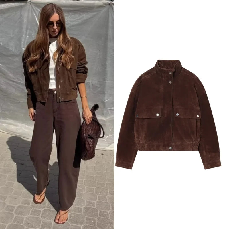 Veste femme effet suédine col montant – manteau chic automne/hiver