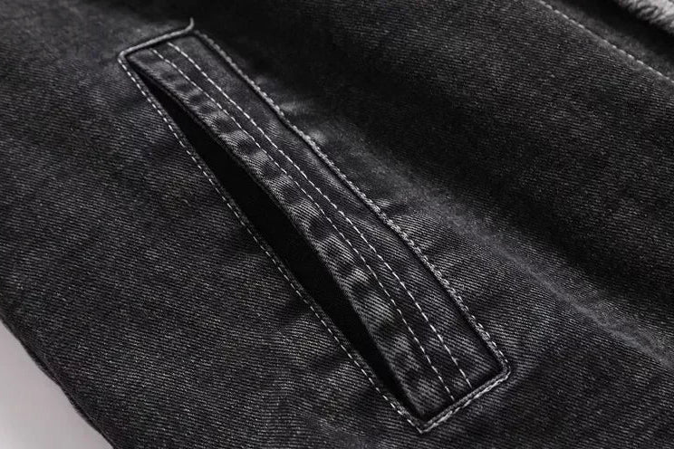 Veste Homme en Jean Noir Doublée Polaire Chaude, Décontractée et Élégante – Automne / Hiver