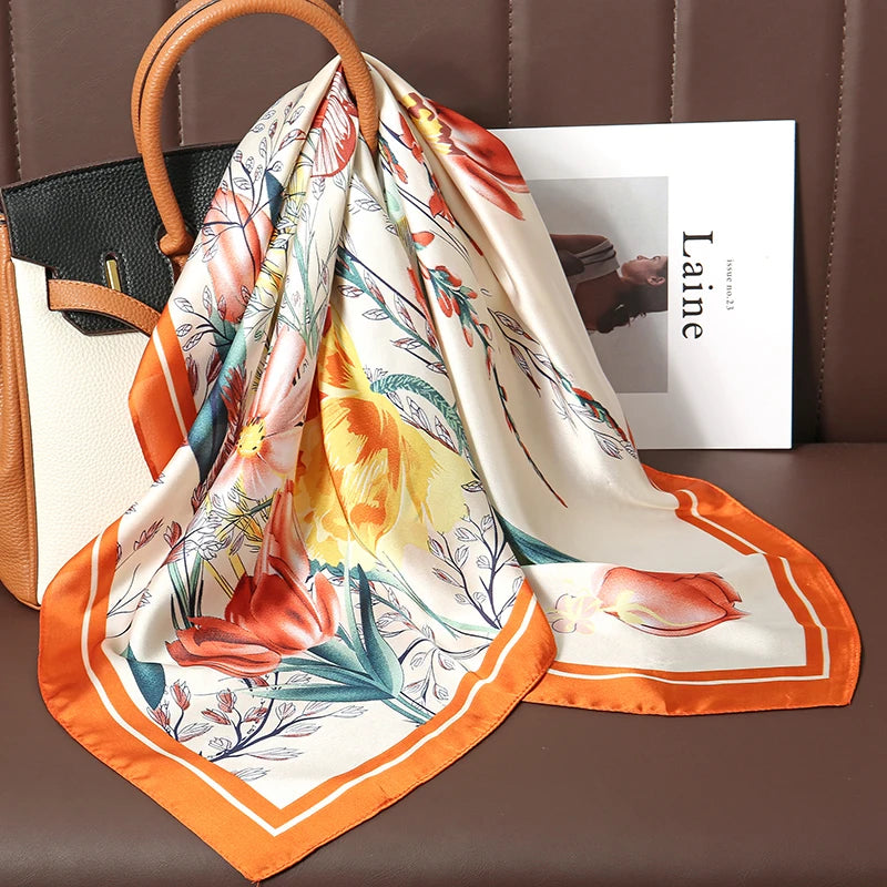 Foulard Carré Satiné Femme – Imprimé Floral, Élégant & Multifonction - Vestico
